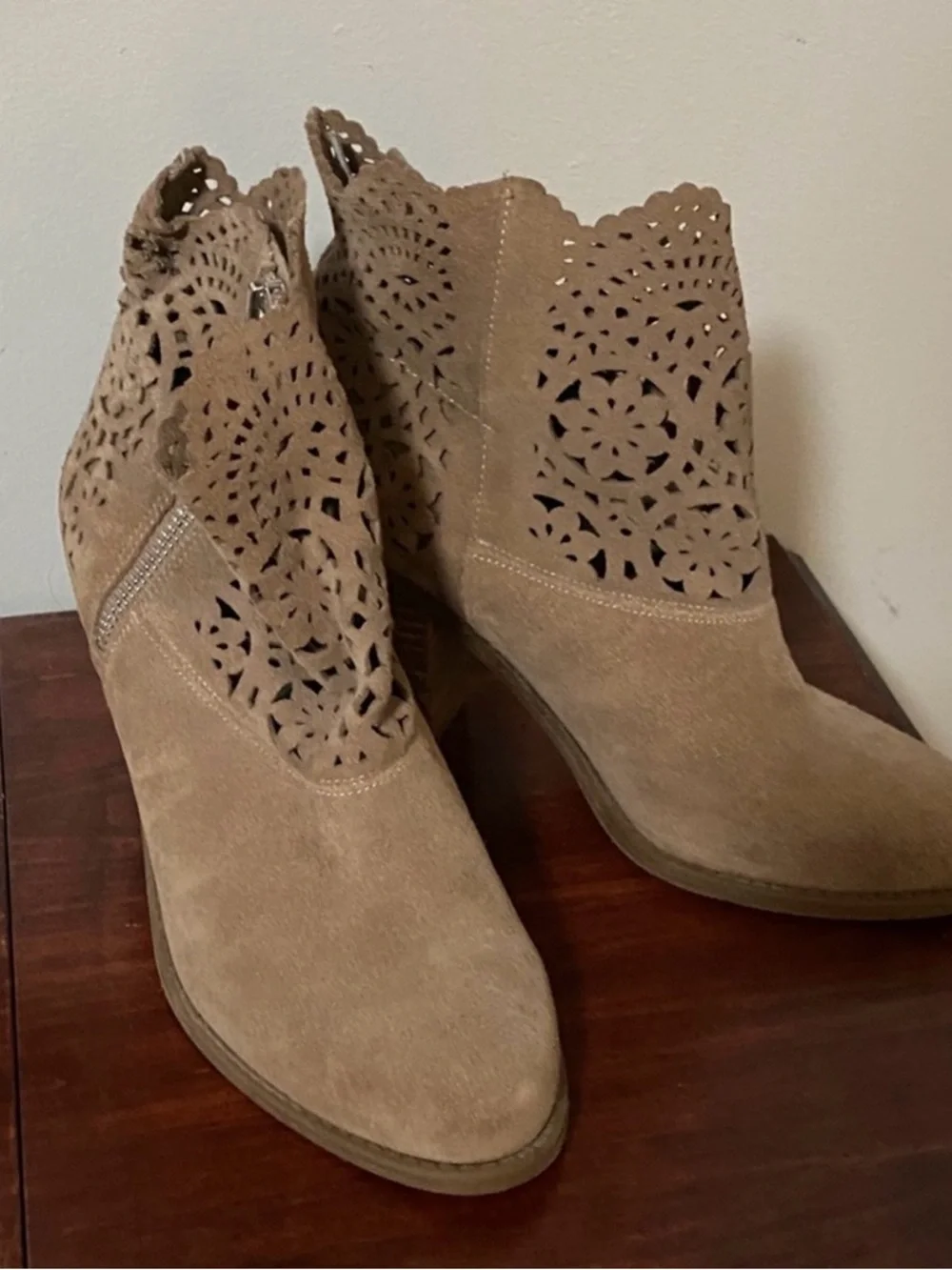 Jessica Simpson Taupe Suede Laser-Cut Ankle Booties